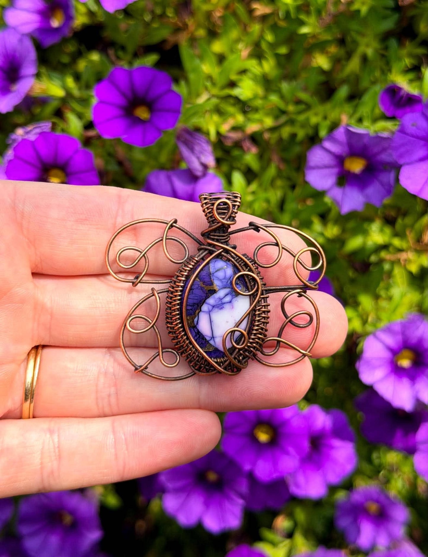 Southern Purple Mint Moth Purple Copper with Opal Accent Crystal Copper Pendant