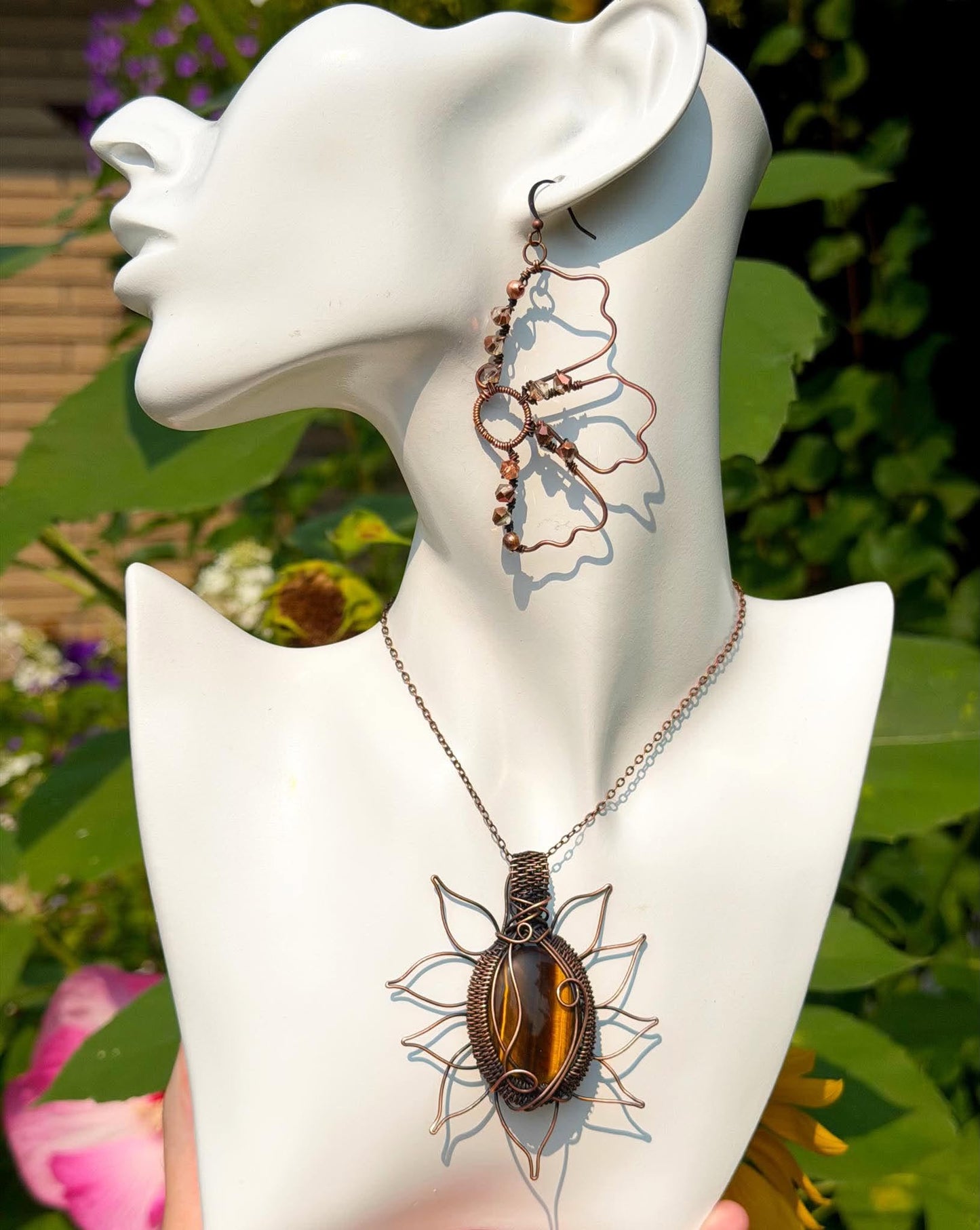 Classic Sunflower Pendant + Earring Crystal Copper Set