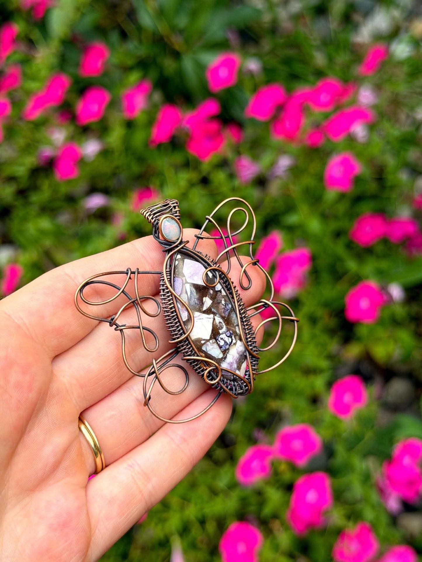 Purple Emperor Butterfly Tiffany Stone with Opal Accent Crystal Copper Pendant