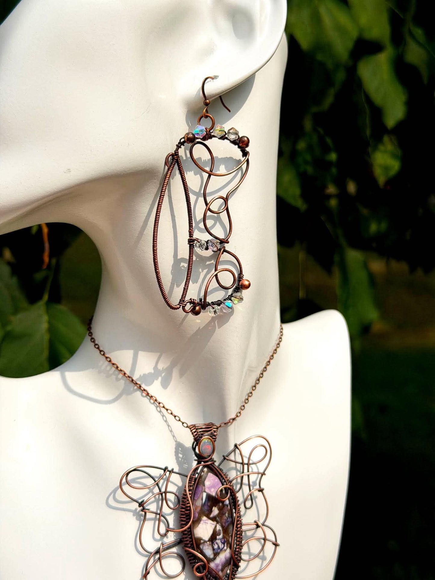 Purple Emperor Butterfly Pendant + Earring Crystal Copper Set