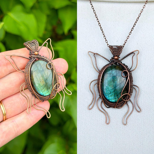 Green June Beetle Labradorite Crystal Copper Pendant
