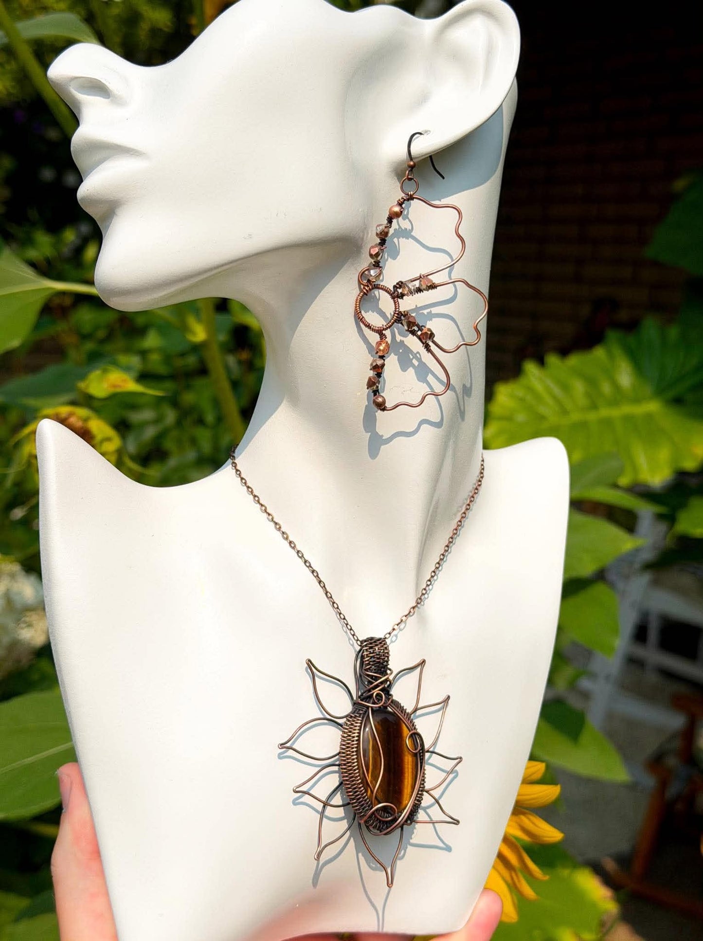 Classic Sunflower Pendant + Earring Crystal Copper Set