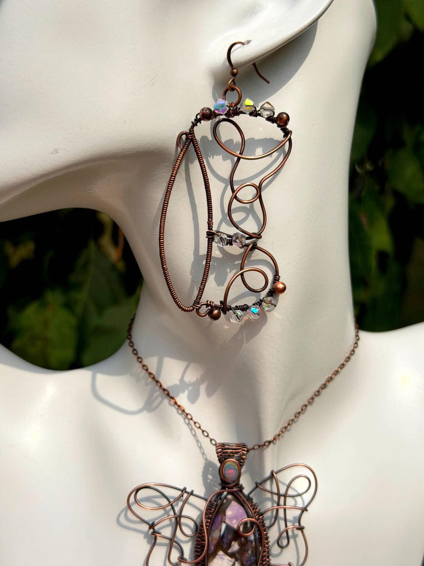 Purple Emperor Butterfly Pendant + Earring Crystal Copper Set