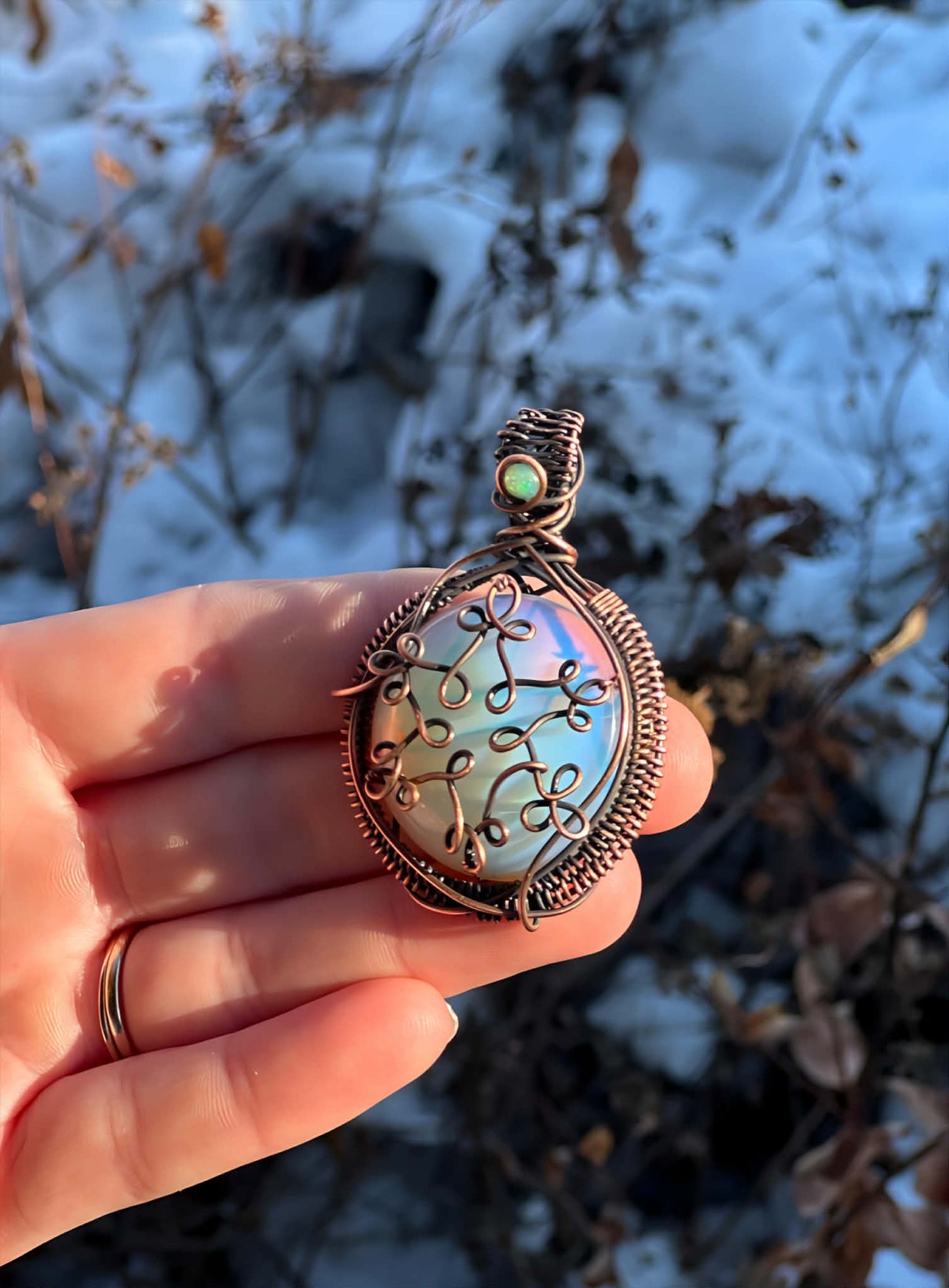 Snowflake Opalite & Opal Crystal Copper Pendant