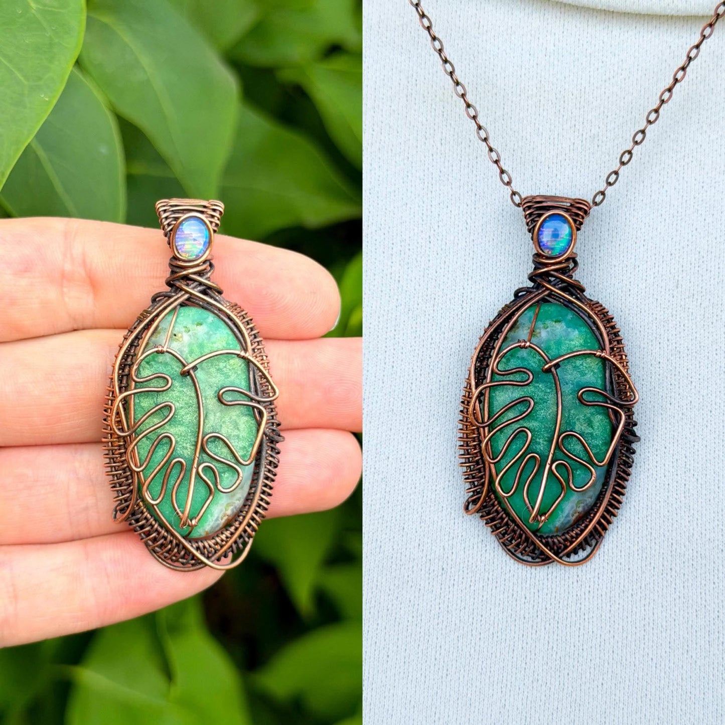 Monstera Green Aventurine with Opal Accent Crystal Copper Pendant