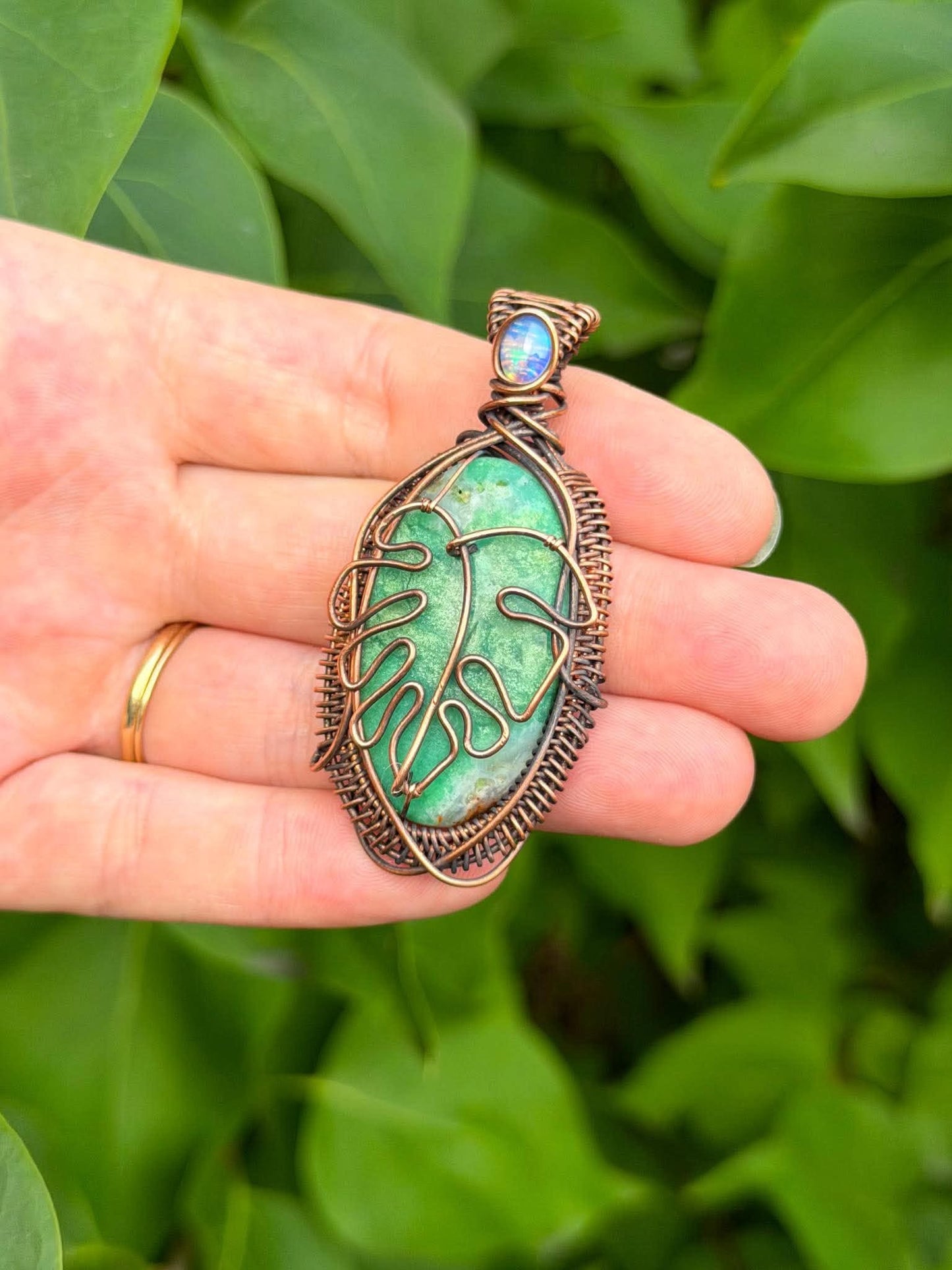 Monstera Green Aventurine with Opal Accent Crystal Copper Pendant