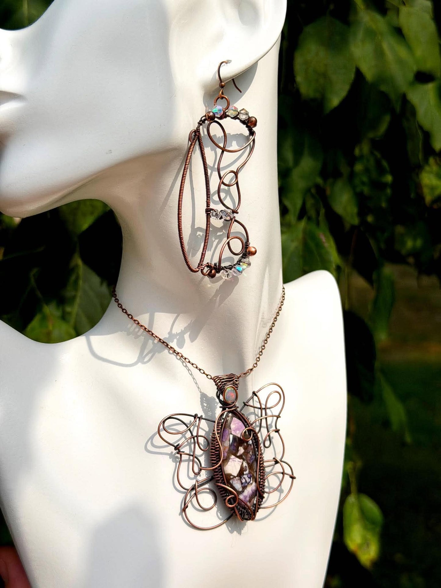Purple Emperor Butterfly Pendant + Earring Crystal Copper Set