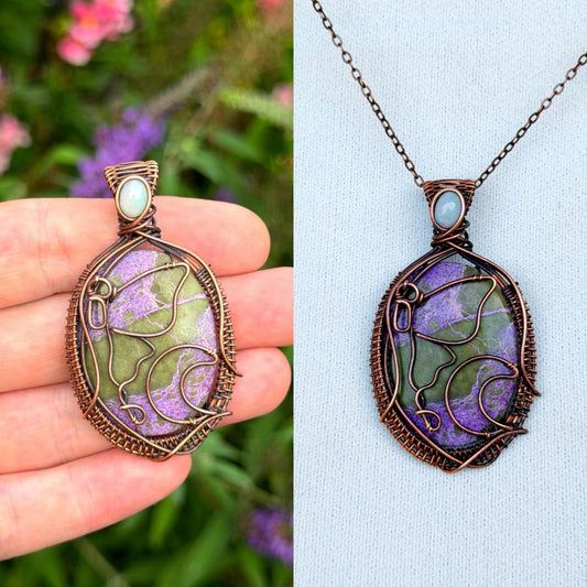 Luna Moth & Crescent Moon Purple & Green Stichtite with Opal Accent Crystal Copper Pendant