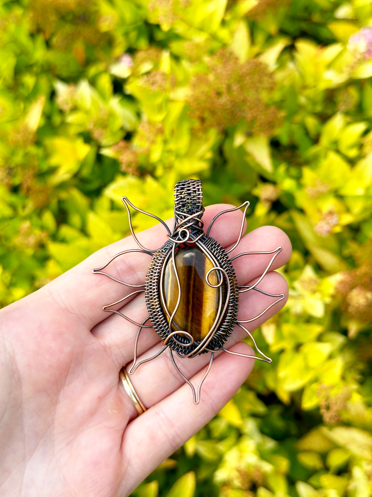 Sunflower Tigers Eye Crystal Copper Pendant
