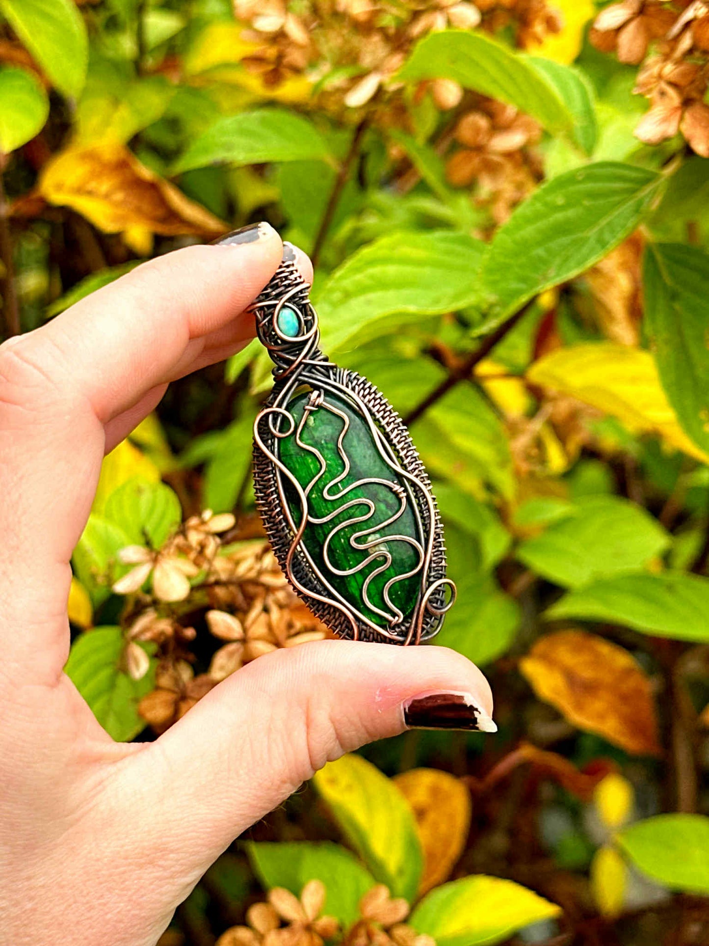 Serpent Green Labradorite & Opal Accent Crystal Copper Pendant