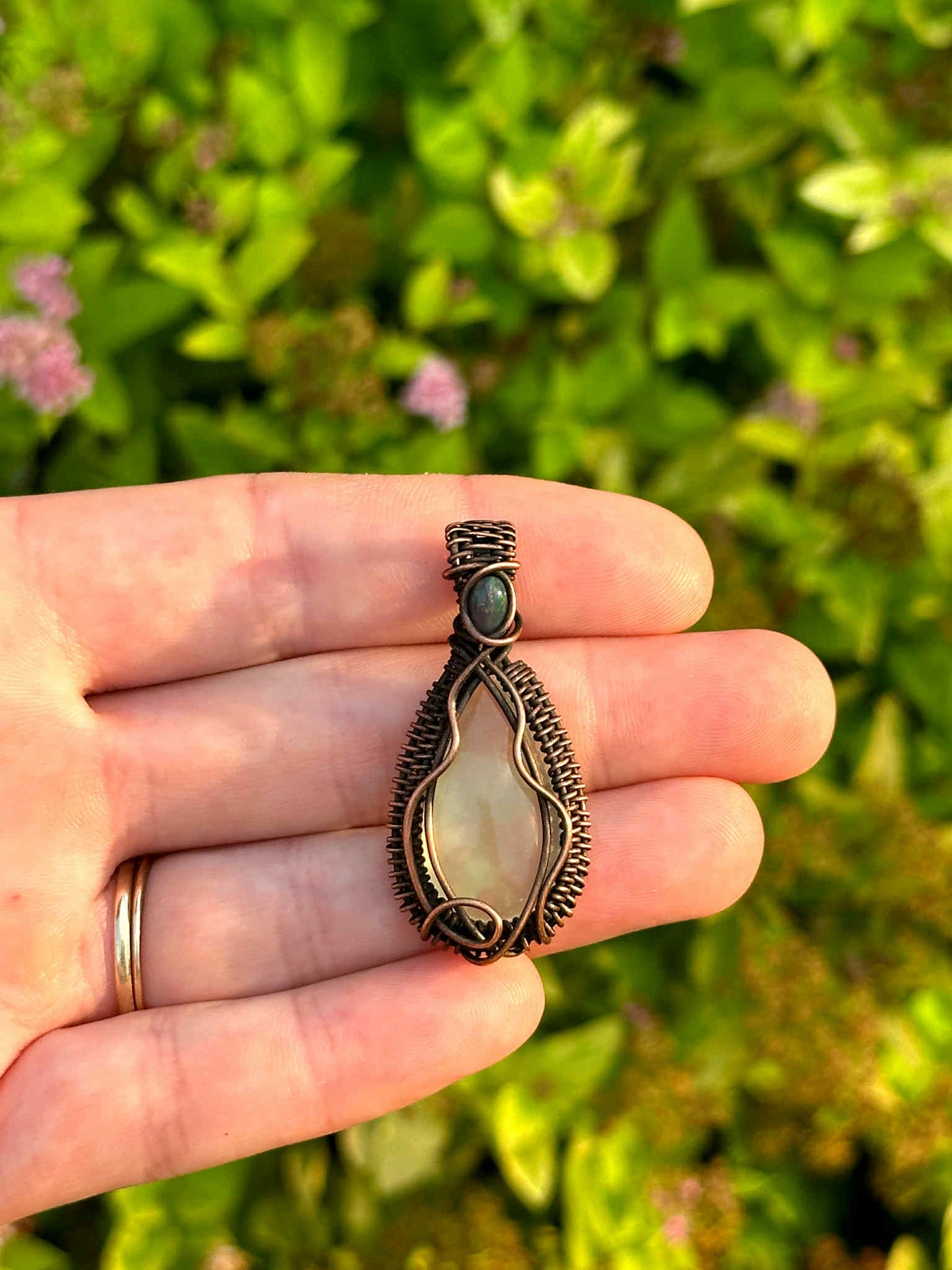 Prehnite & Ethiopian Black Opal Crystal Copper Pendant