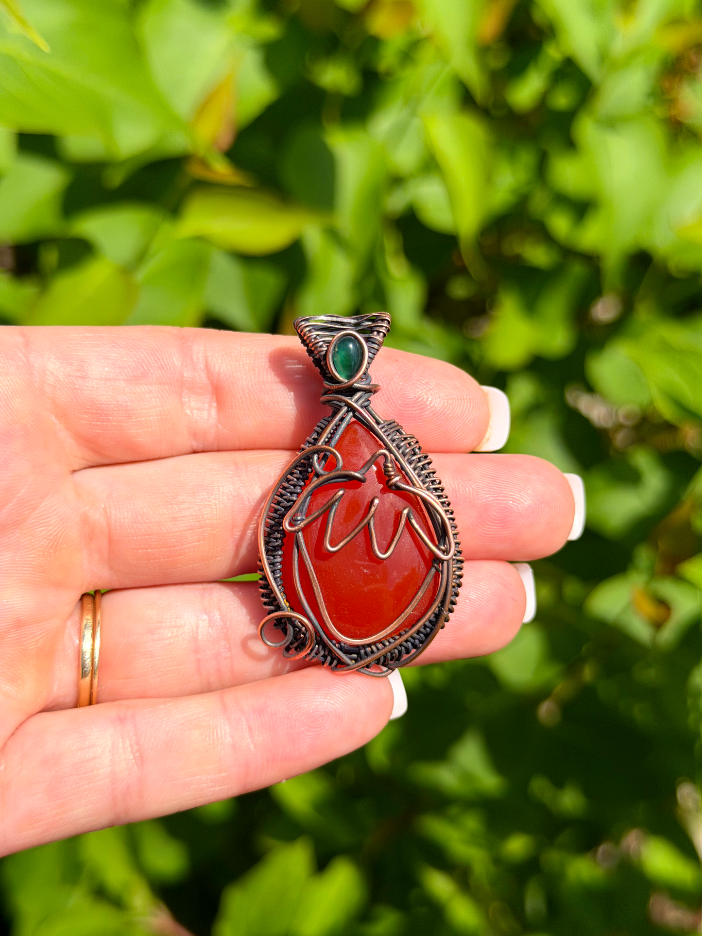 Strawberry Red Onyx with Emerald Accent Crystal Copper Pendant