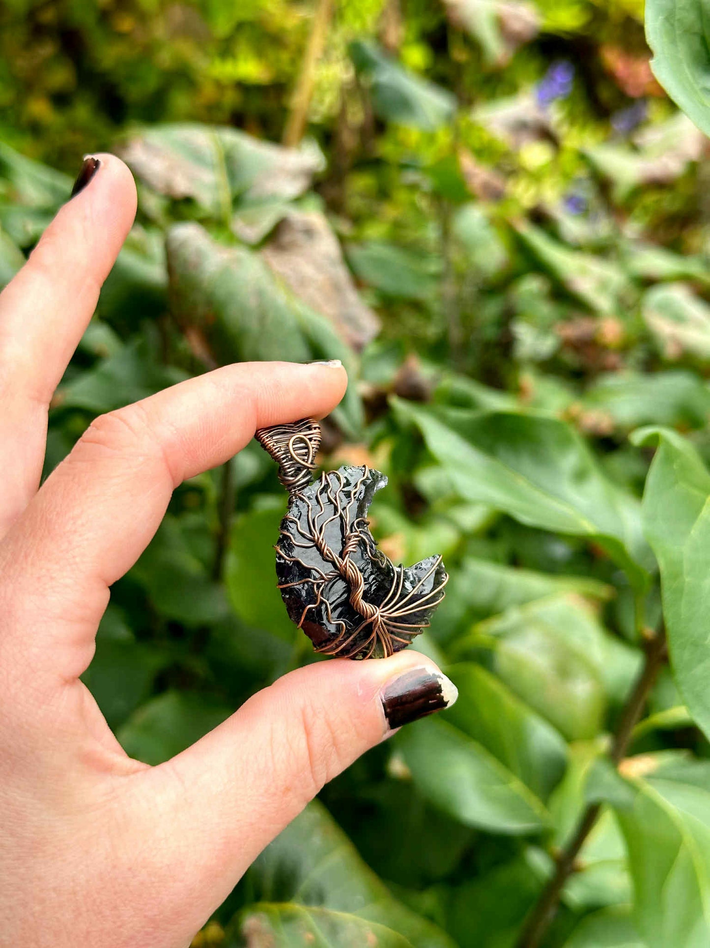 Tree Of Life Crescent Moon Amethyst Crystal Copper Pendant