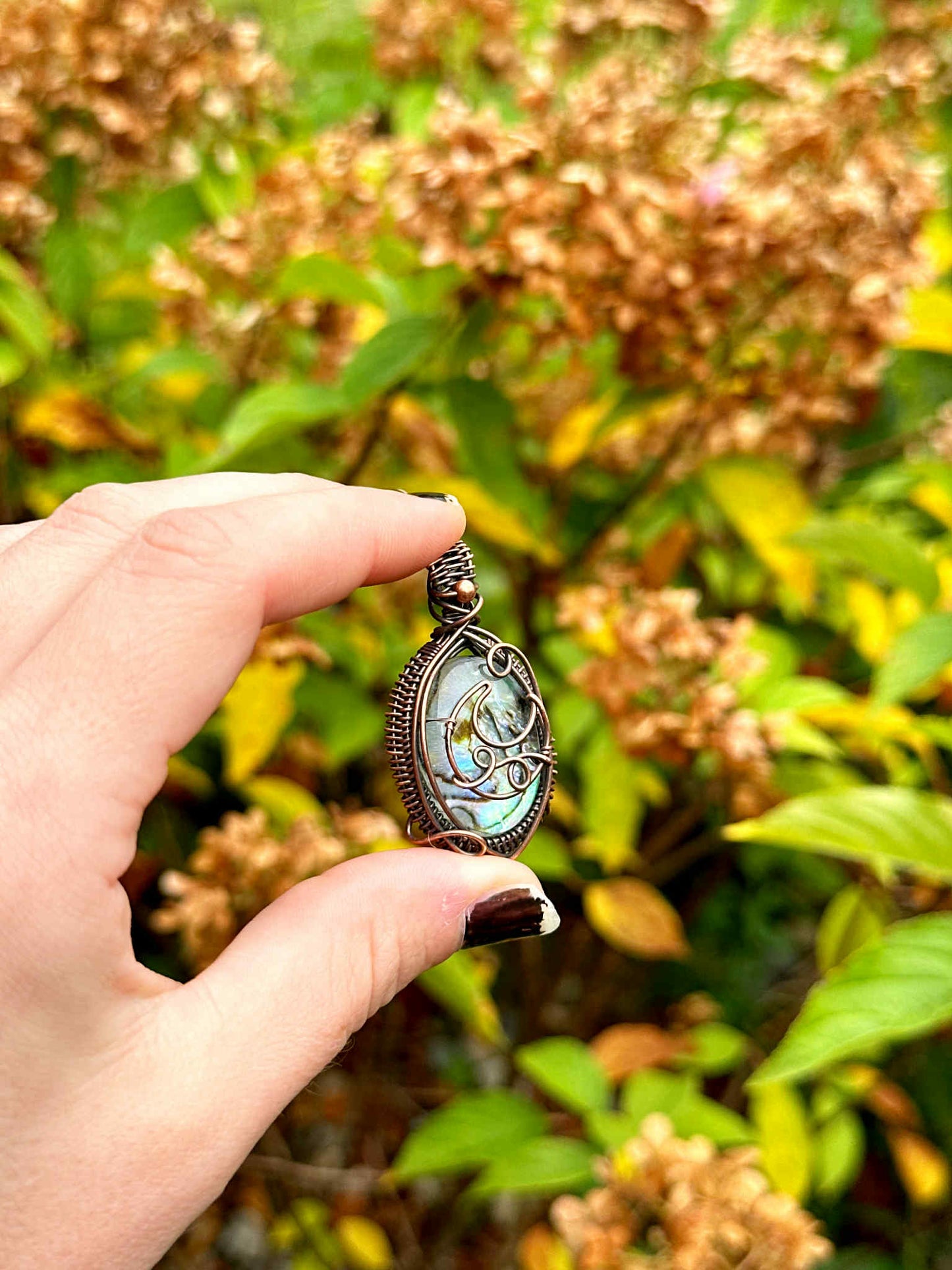 Crescent Moon Abalone Shell Crystal Copper Pendant