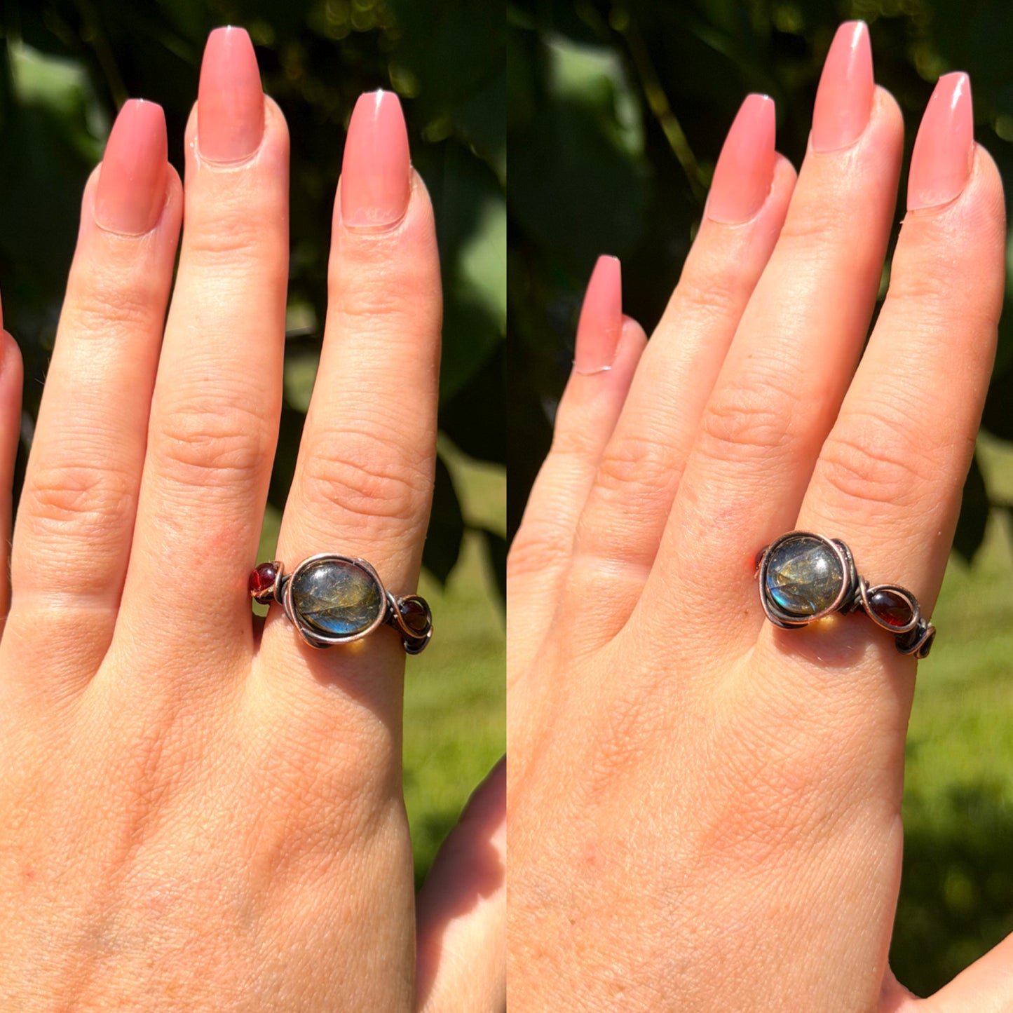 Triple Labradorite & Garnet Crystal Copper Ring