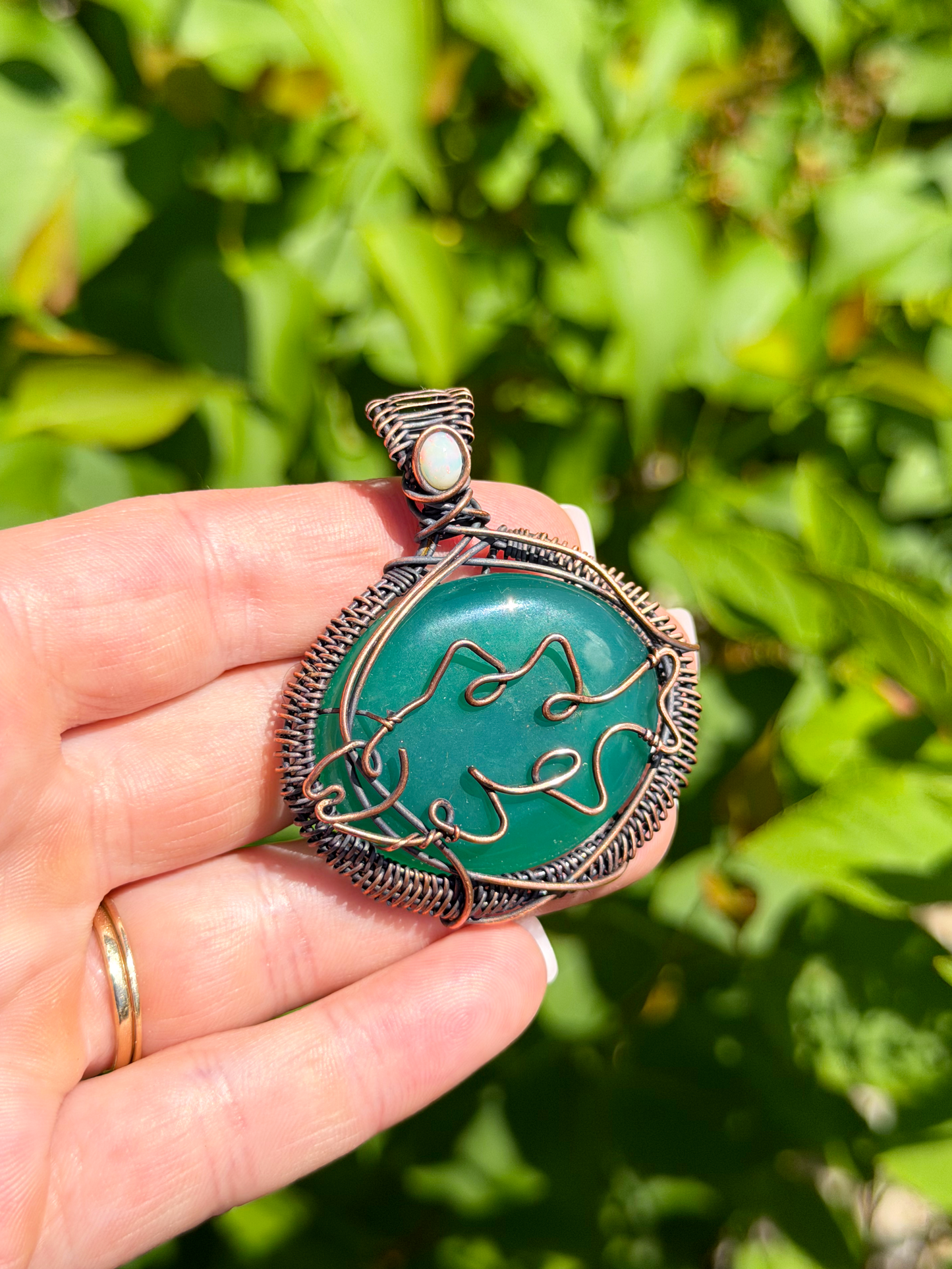 Sunfish Green Strawberry Quartz with Opal Accent Crystal Copper Pendant