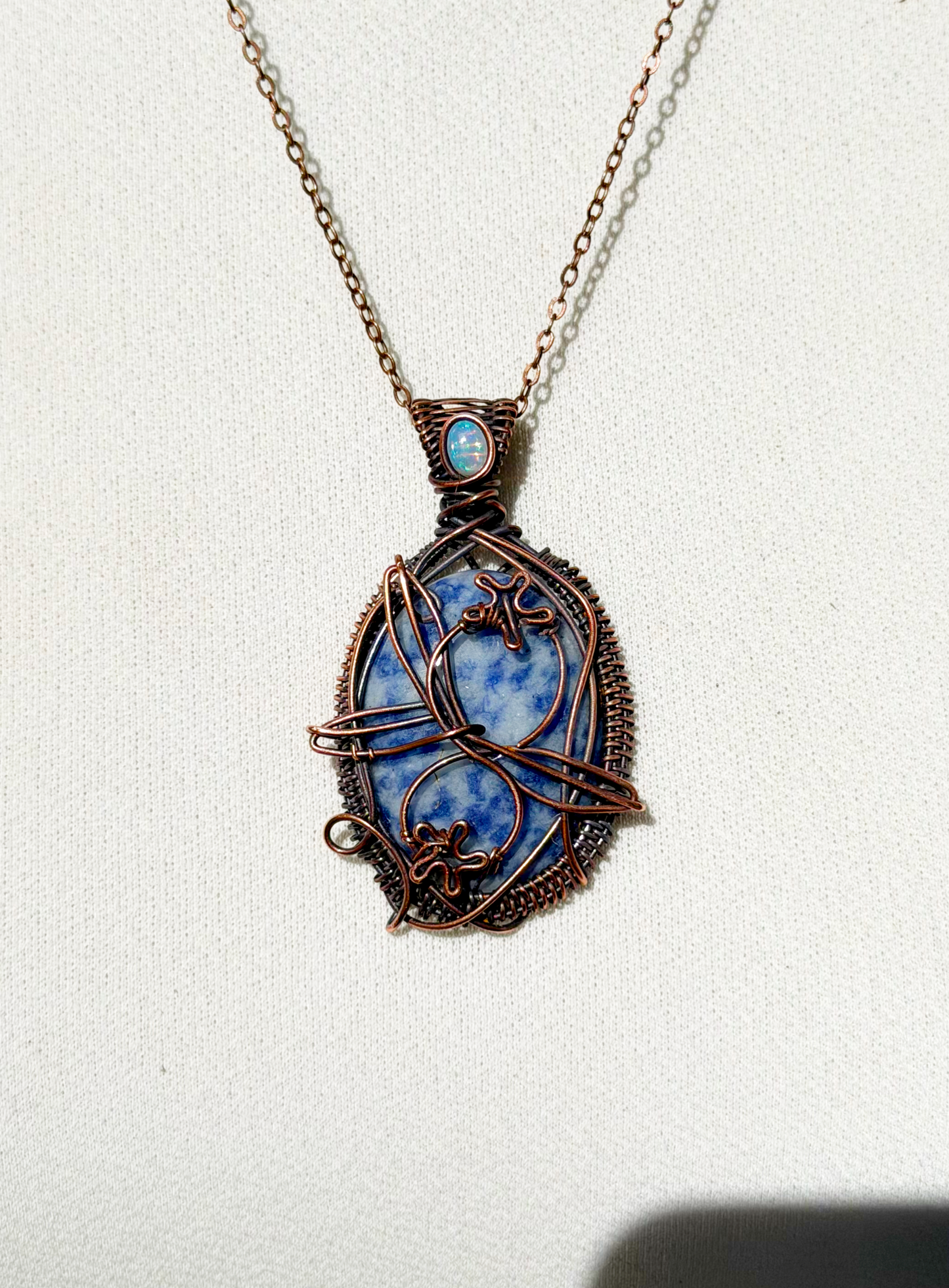 Blueberry Blue Spotted Jasper with Opal Accent Crystal Copper Pendant