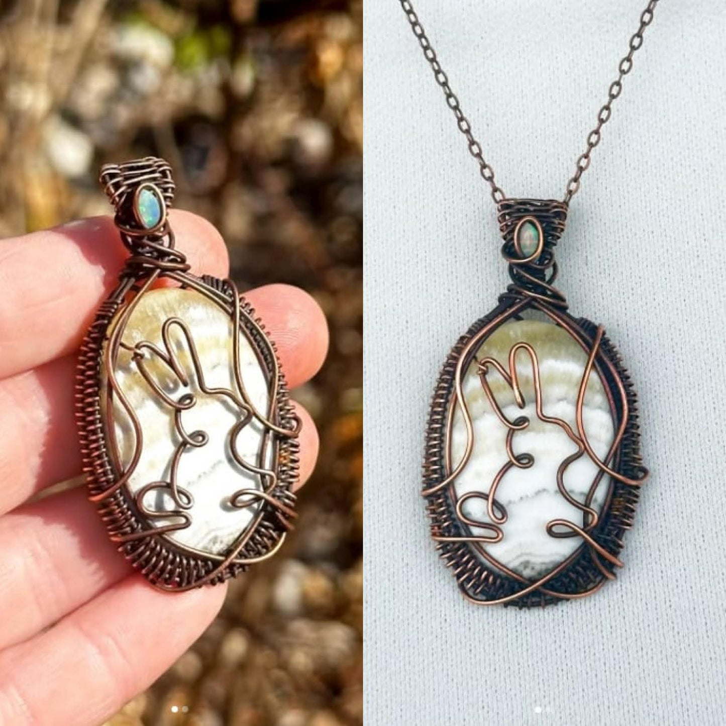 Bunny Yellow Lace Agate & Opal Accent Crystal Copper Pendant