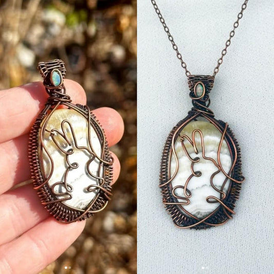 Bunny Yellow Lace Agate & Opal Accent Crystal Copper Pendant