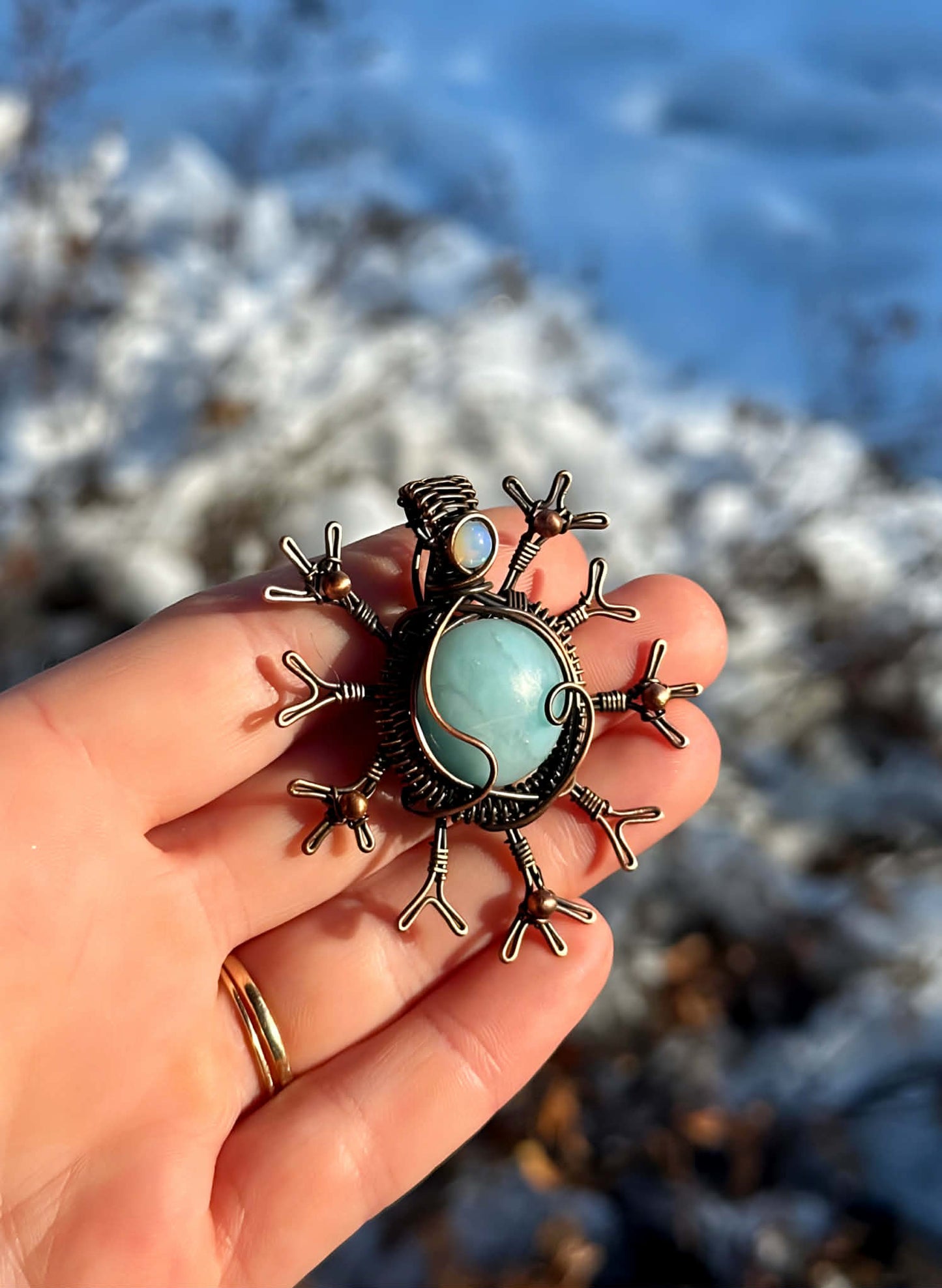 Snowflake Blue Jade & Opal Crystal Copper Pendant