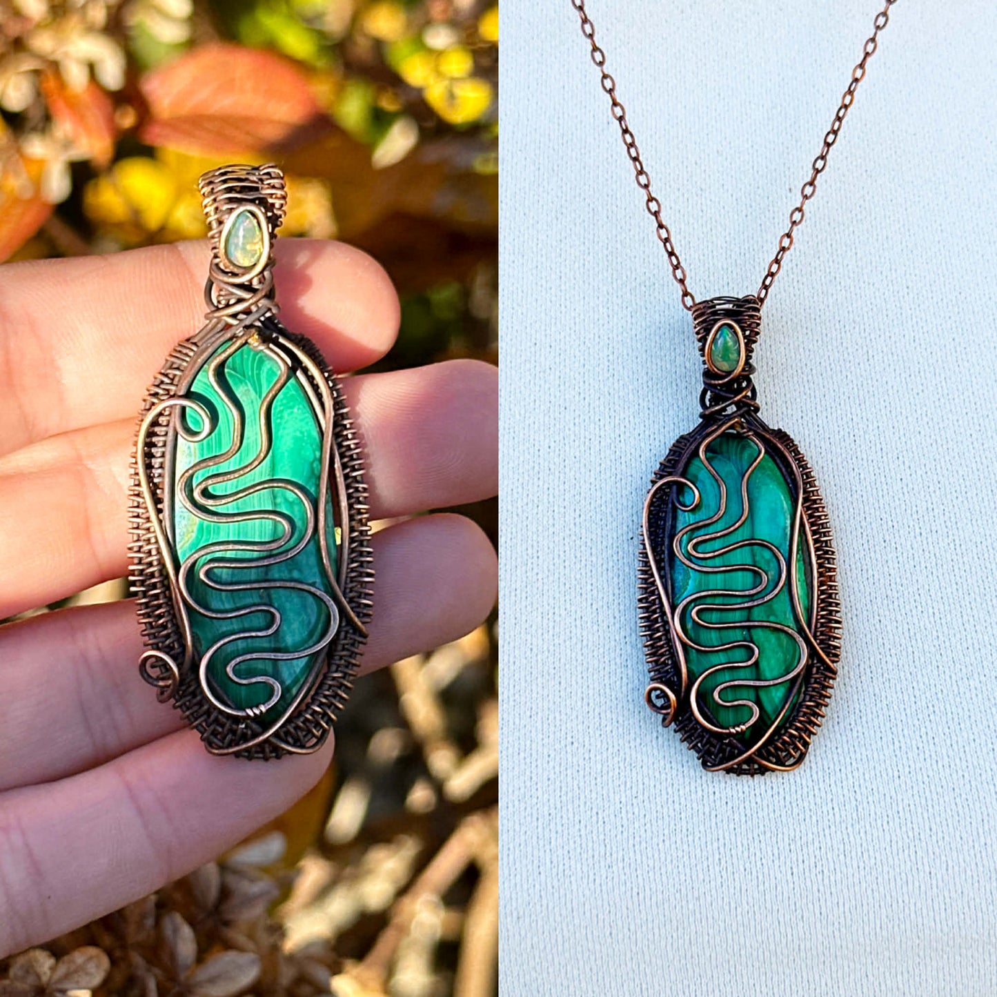 Serpent Malachite & Opal Accent Crystal Copper Pendant
