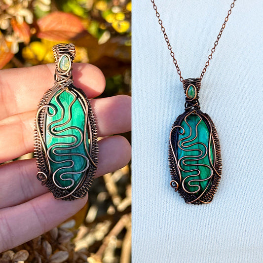 Serpent Malachite & Opal Accent Crystal Copper Pendant