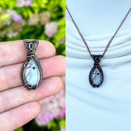 Mini Rainbow Moonstone Crystal Copper Pendant