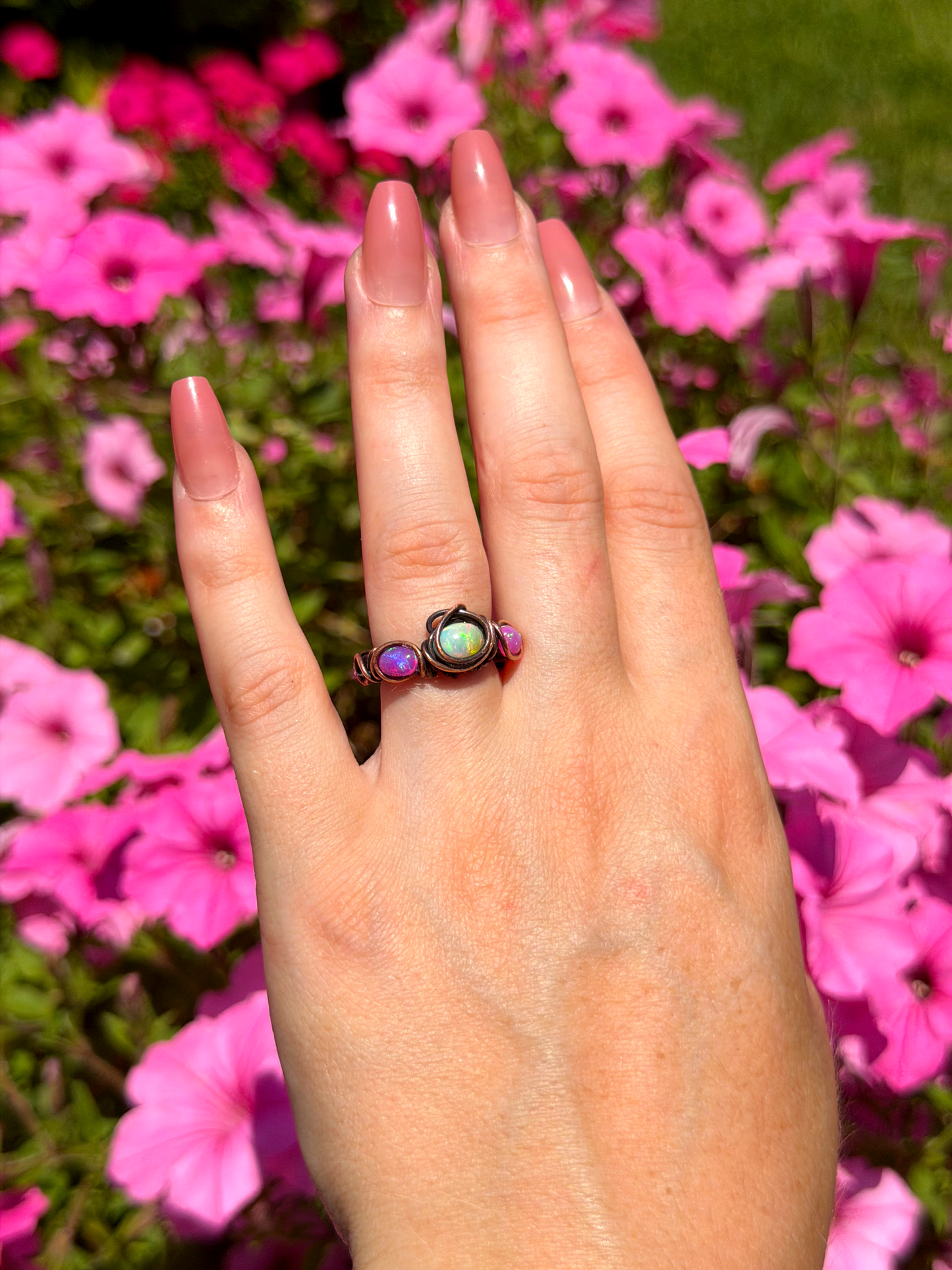 Triple Ethiopian Pink Opal Crystal Copper Ring