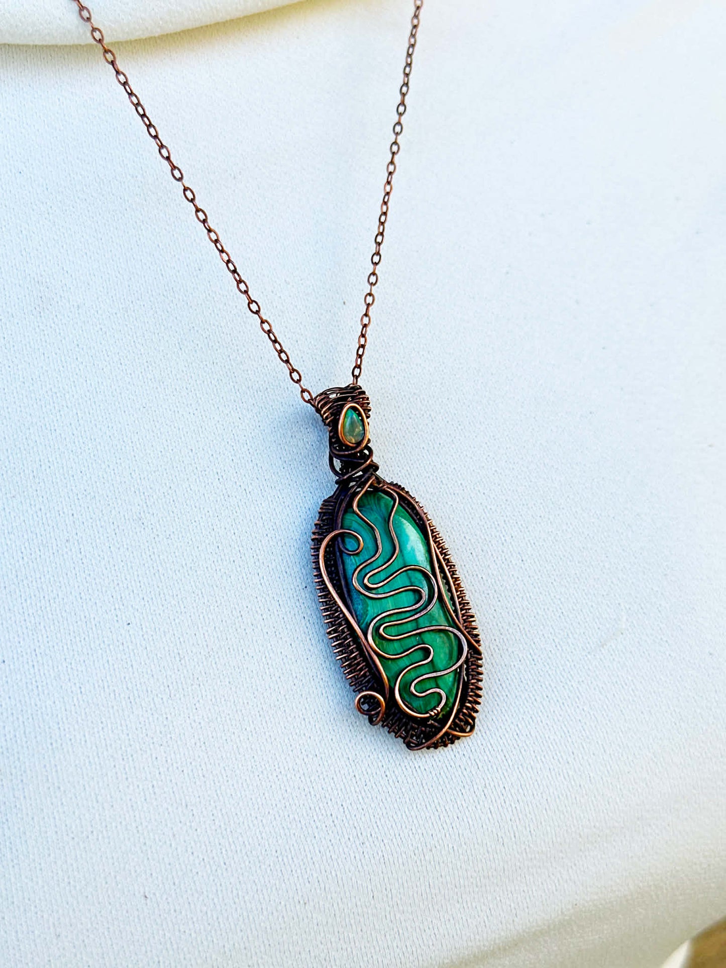 Serpent Malachite & Opal Accent Crystal Copper Pendant