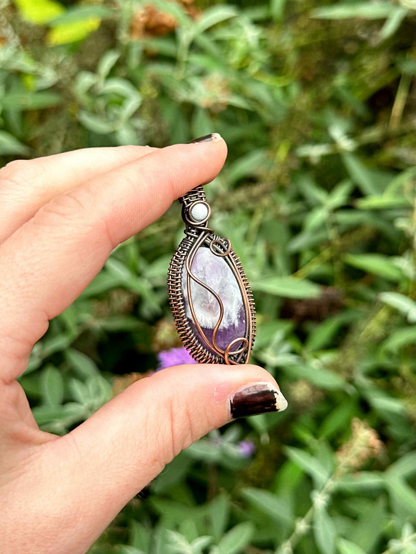 Amethyst Chevron & White Jade Accent Crystal Copper Pendant