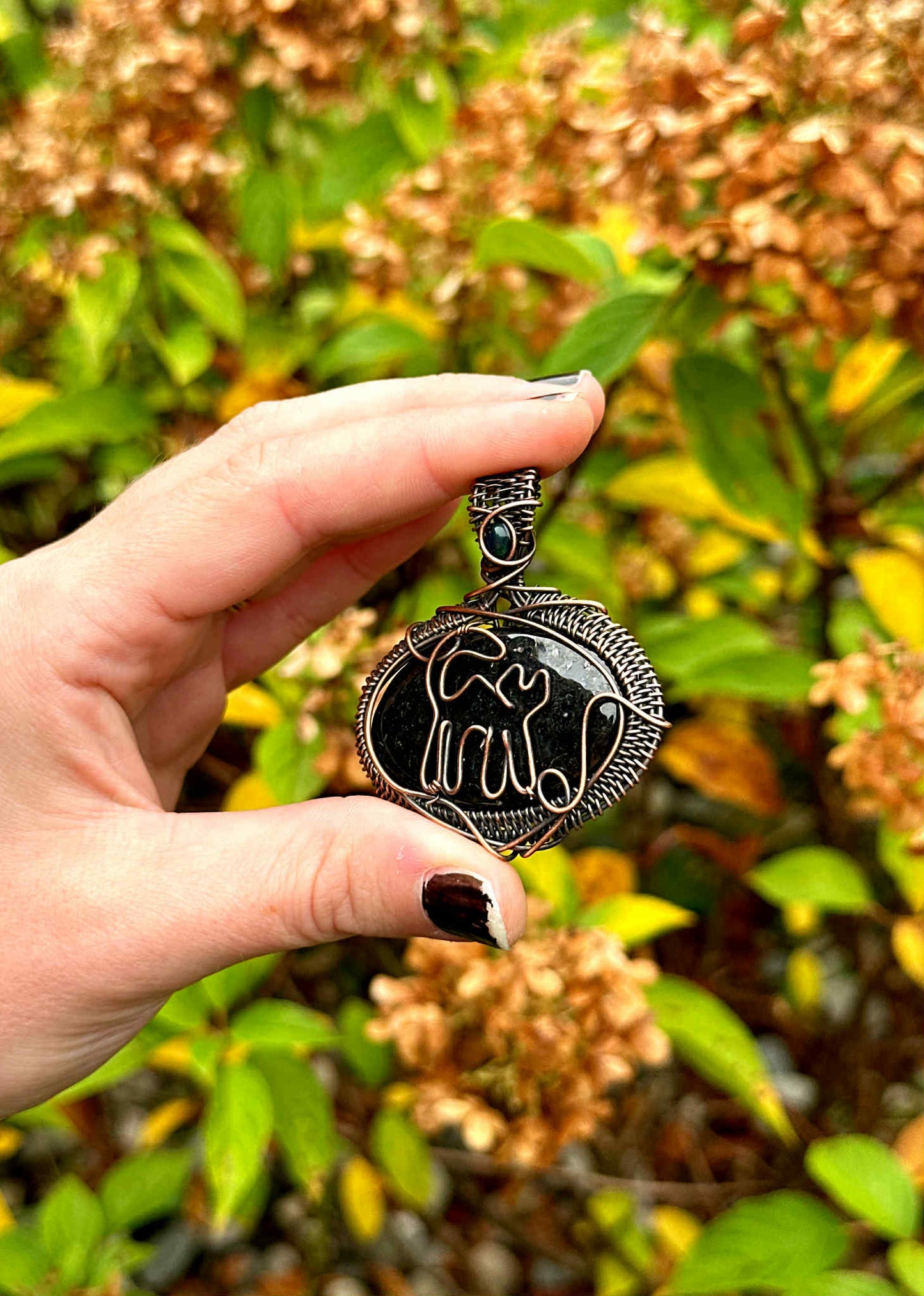 Black Cat Black Onyx & Black Mexican Opal Accent Crystal Copper Pendant