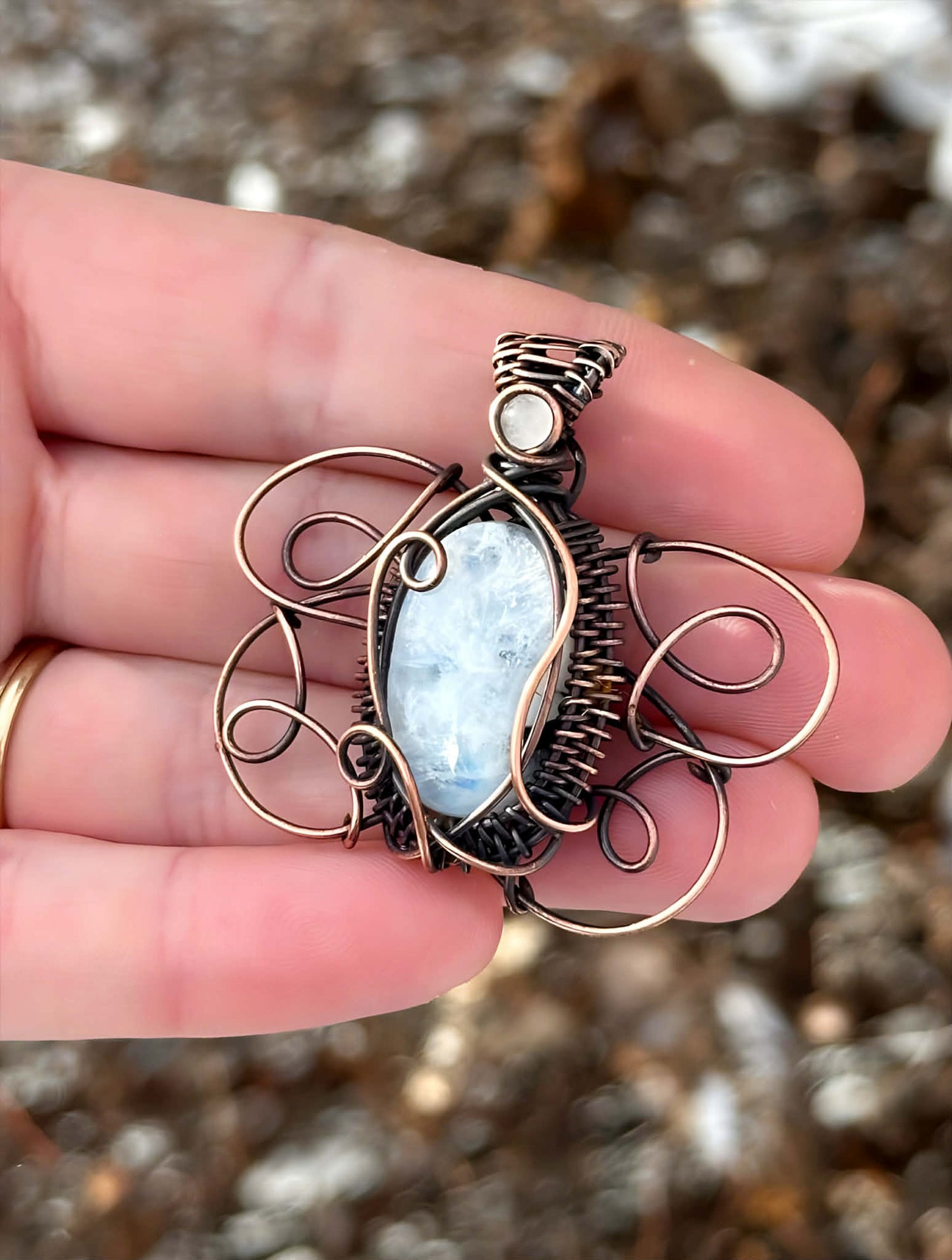 White Ermine Moth Symbol Rainbow Moonstone & Clear Quartz Accent Crystal Copper Pendant