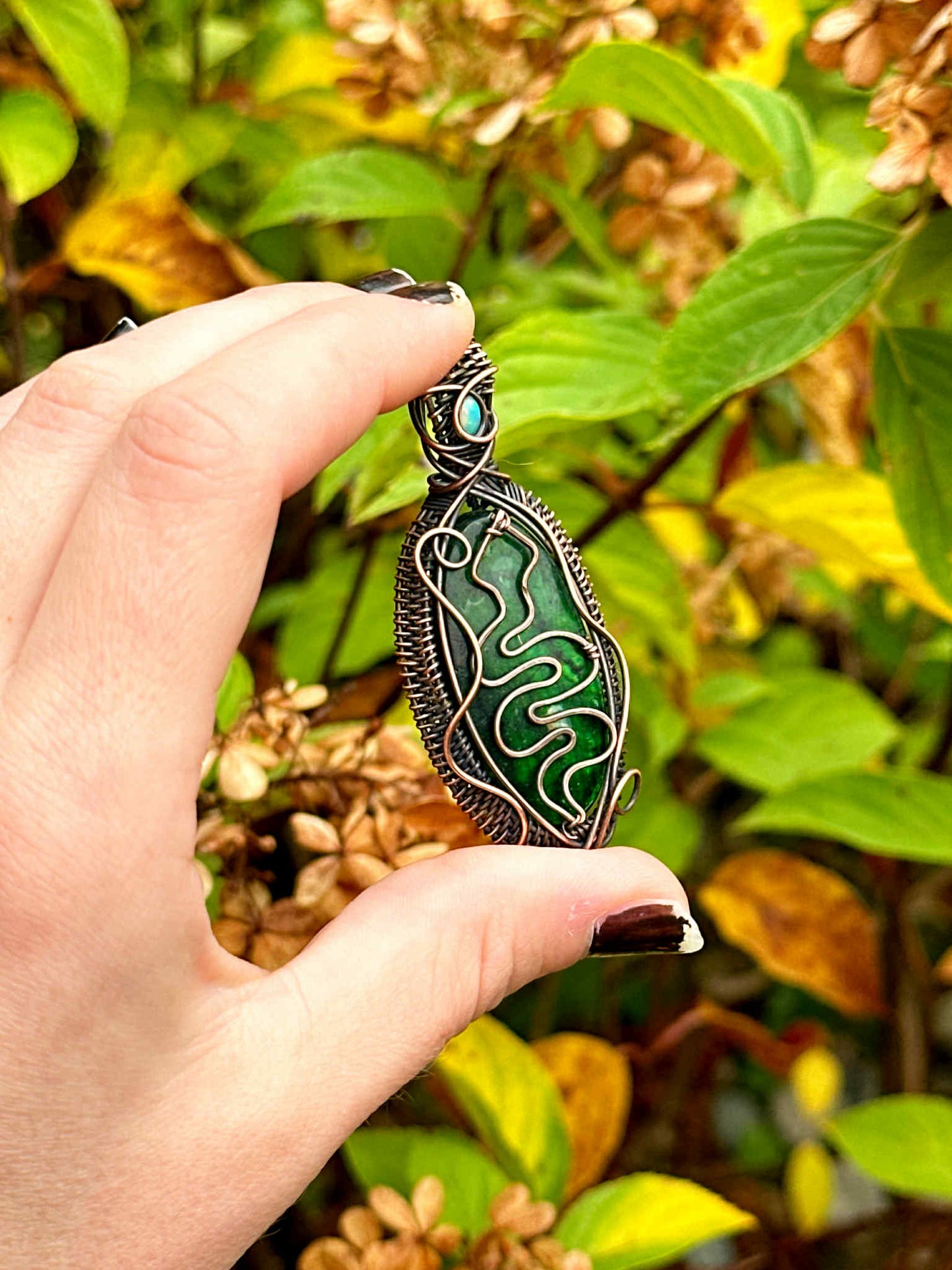 Serpent Green Labradorite & Opal Accent Crystal Copper Pendant