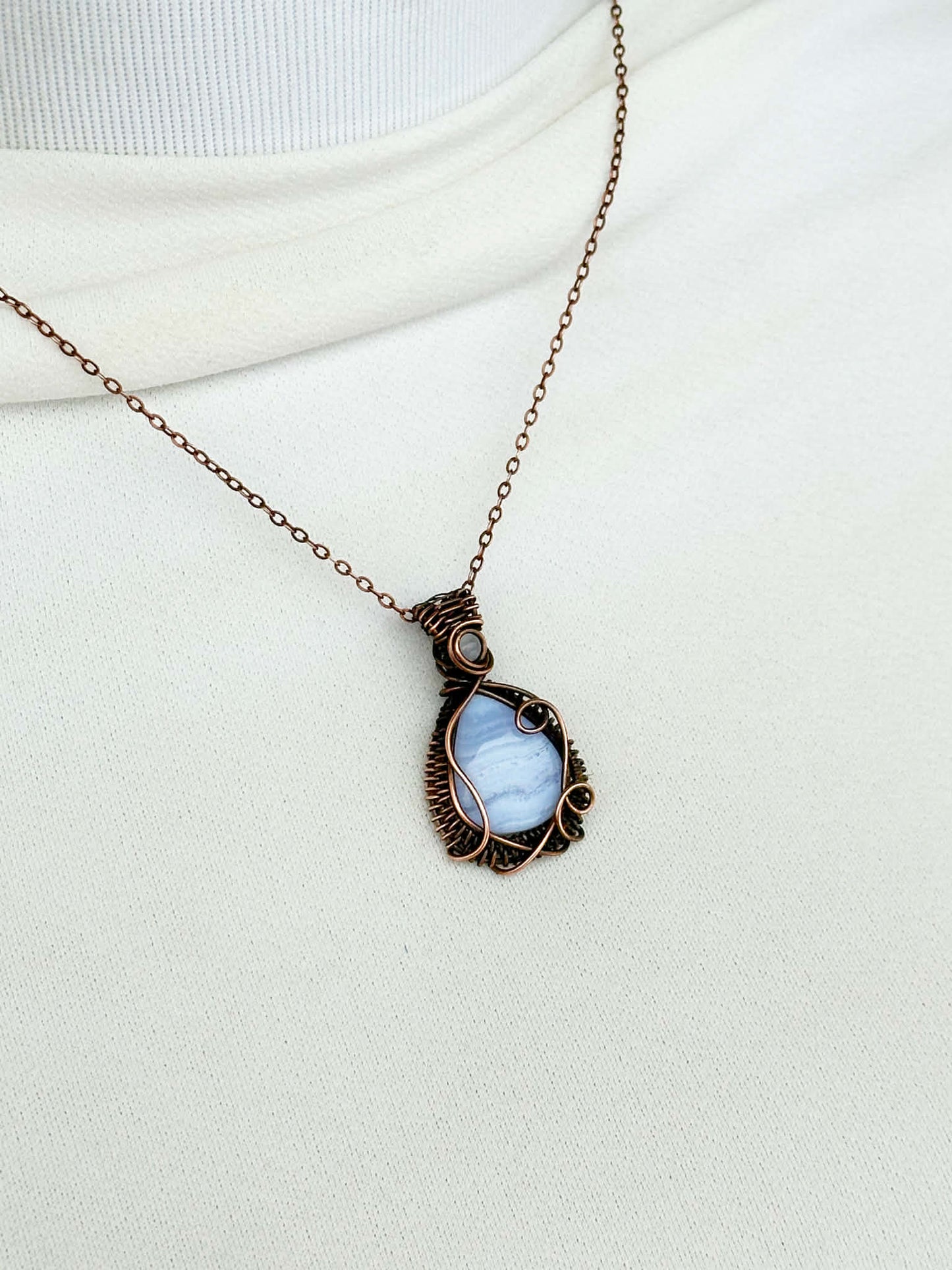 Blue Lace Agate & Clear Quartz Accent Crystal Copper Pendant