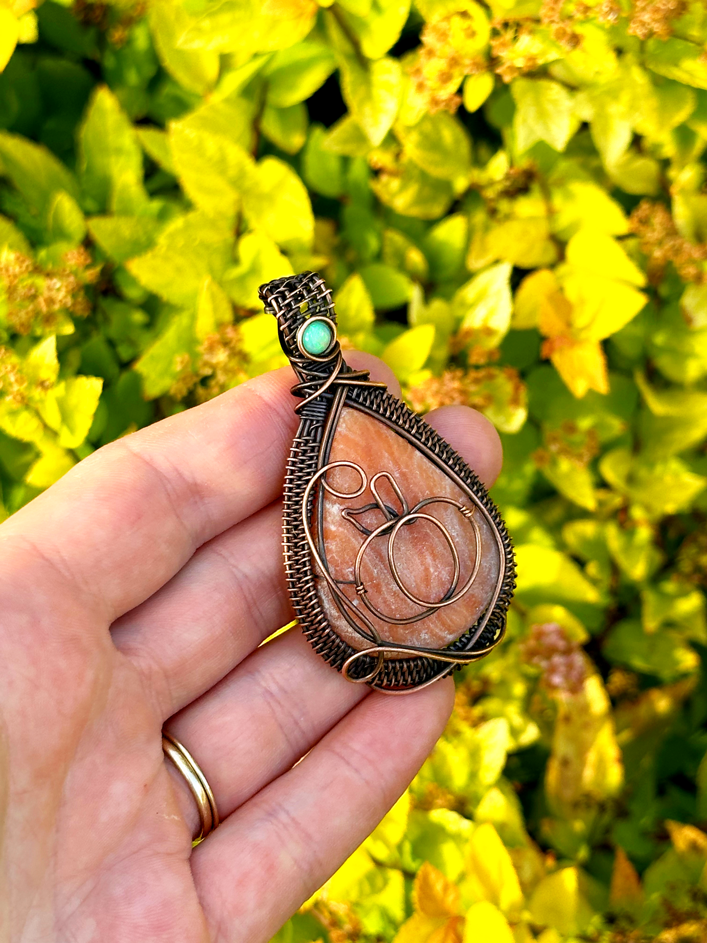 Pumpkin Opal & Orange Calcite Crystal Copper Pendant
