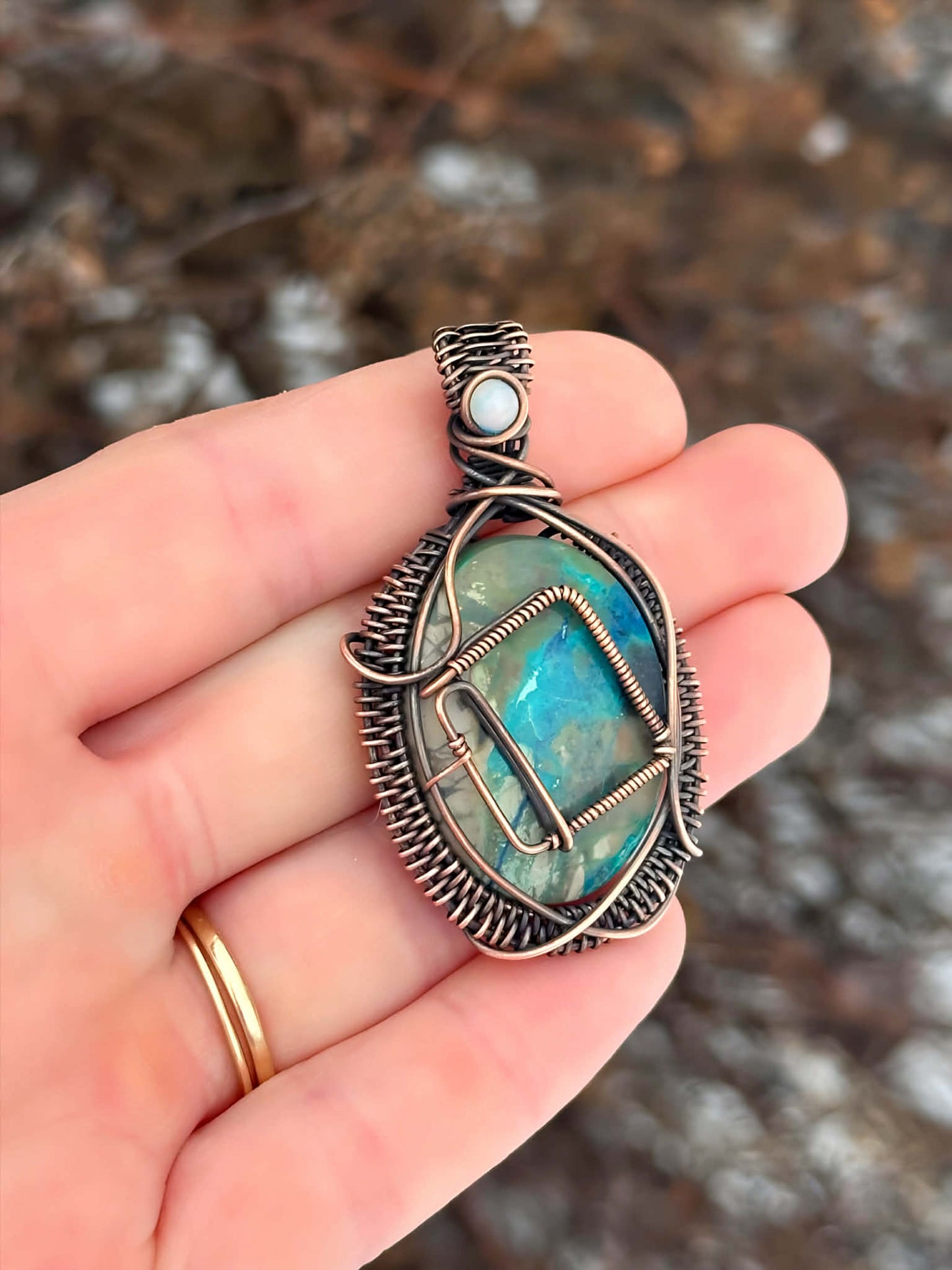 Novel Chrysoprase & Opal Crystal Copper Pendant
