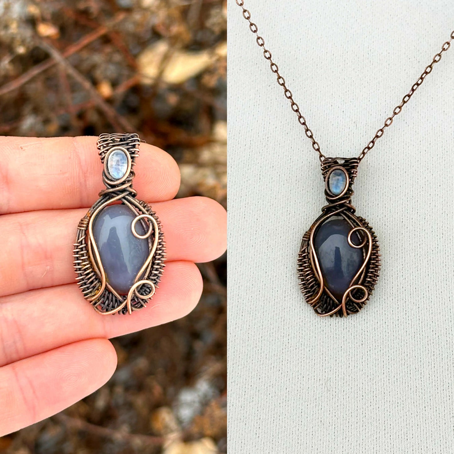 Mini Grey Agate & Rainbow Moonstone Accent Crystal Copper Pendant