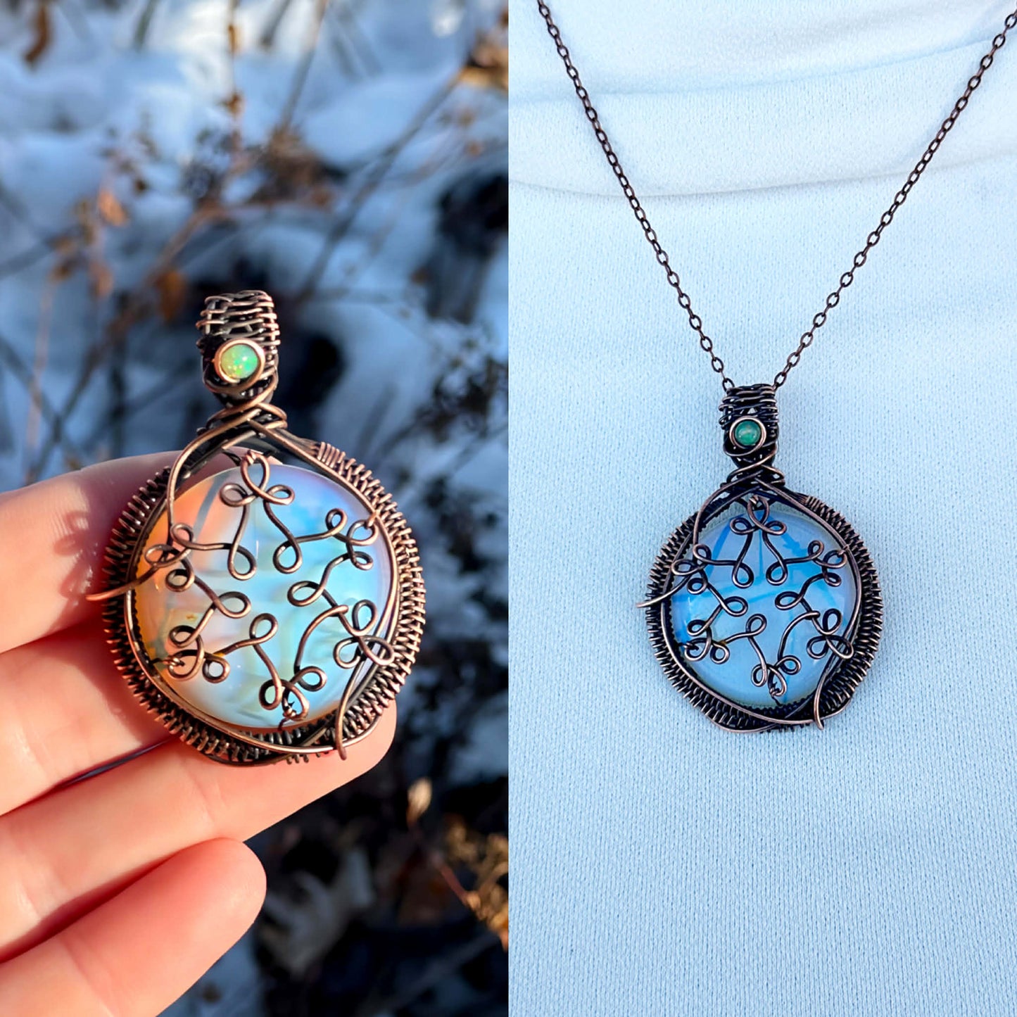 Snowflake Opalite & Opal Crystal Copper Pendant