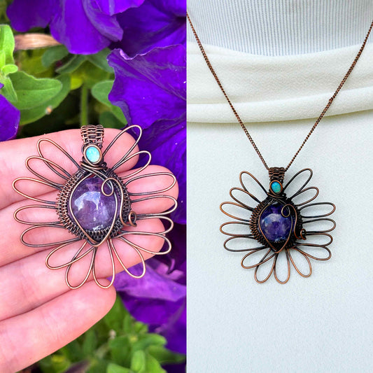 Purple Wisteria Amethyst & Opal Crystal Copper Pendant