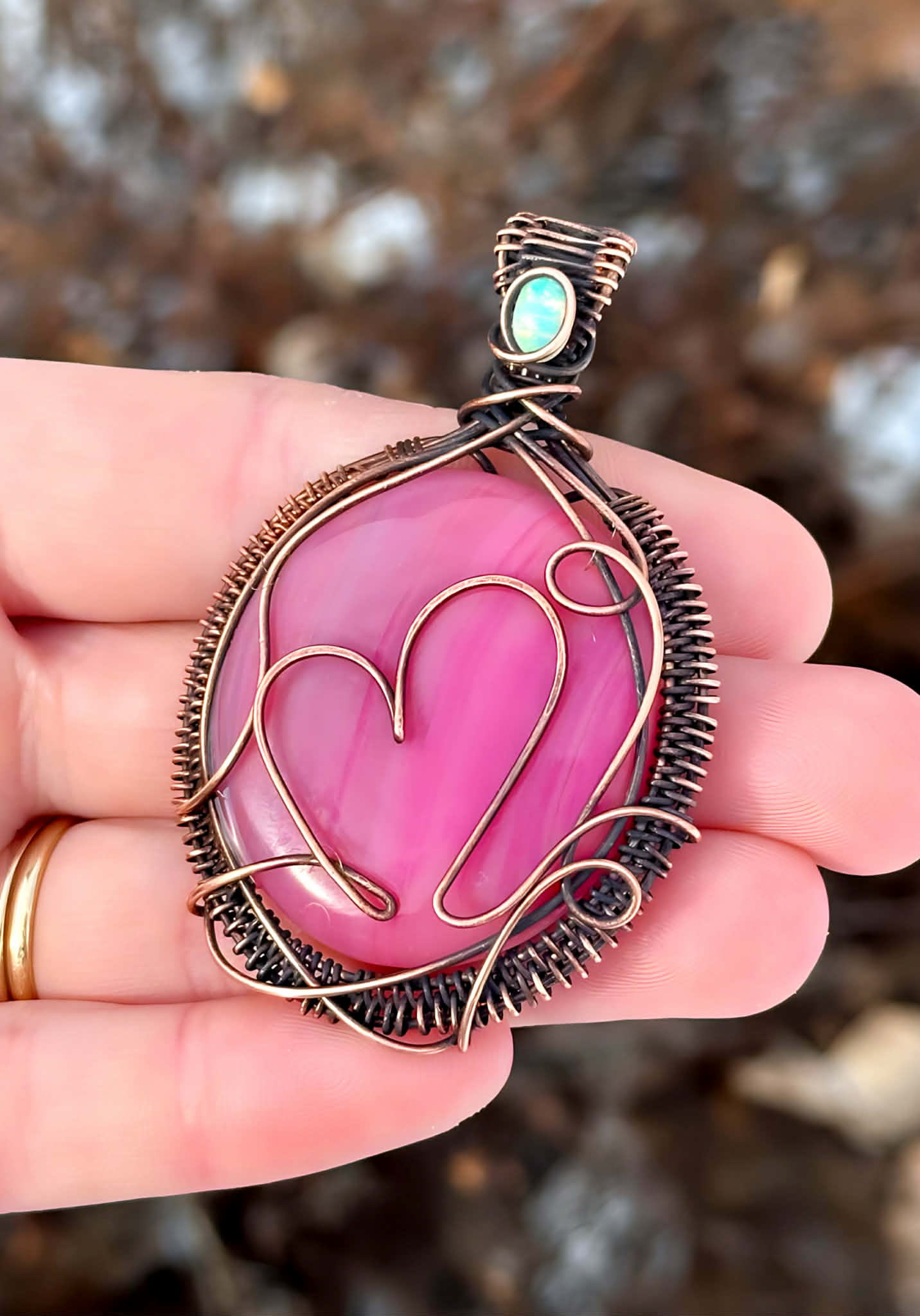 Heart Pink Opal & Opal Accent Crystal Copper Pendant