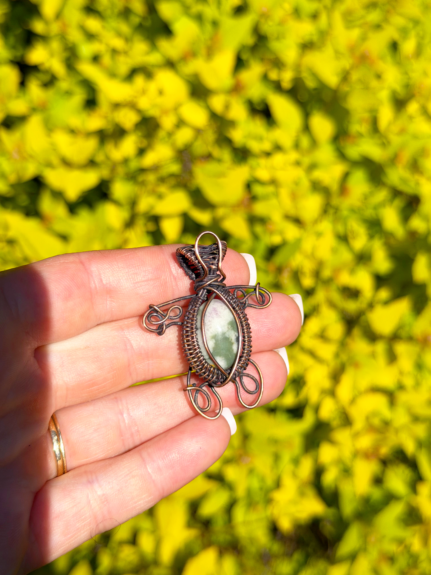 Turtle Green Spotted Jasper Crystal Copper Pendant