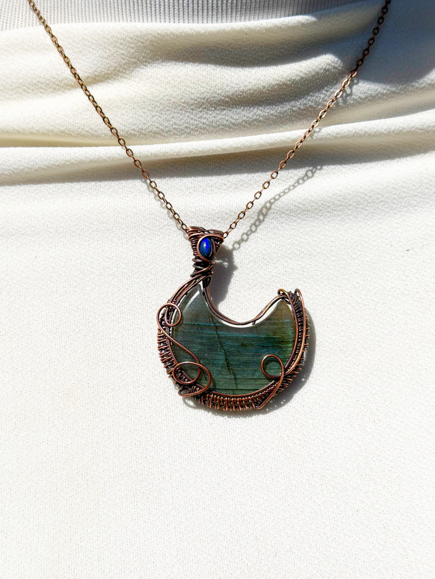 Crescent Moon Green Labradorite Crystal Copper Pendant