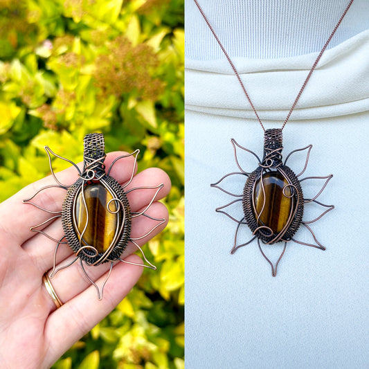 Sunflower Tigers Eye Crystal Copper Pendant