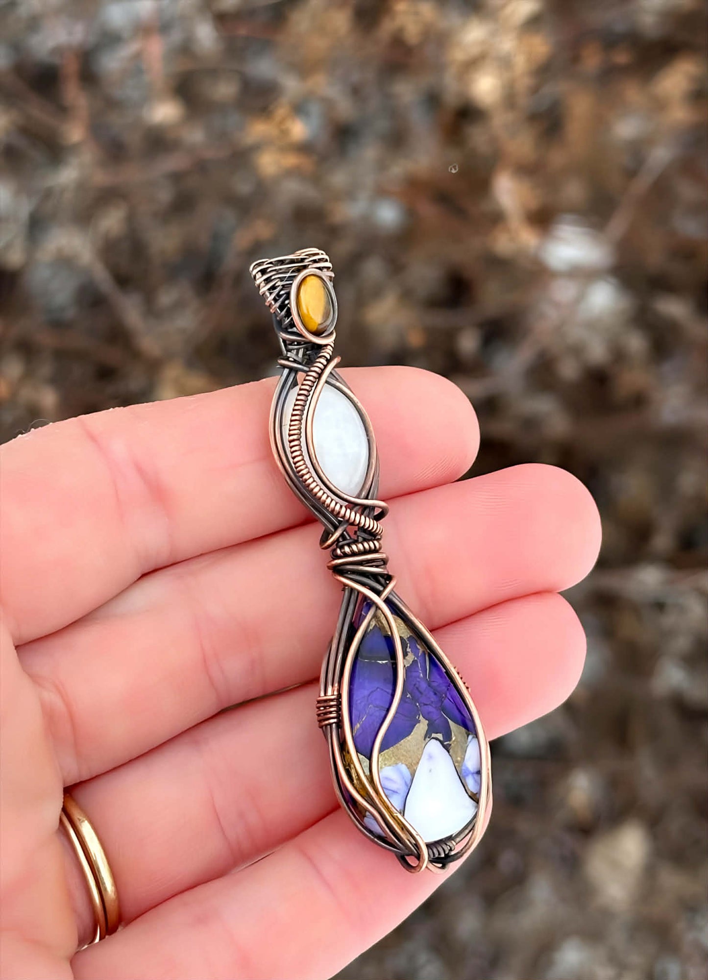 Triple Purple Copper, White Jade & Tiger’s Eye Accent Crystal Copper Pendant
