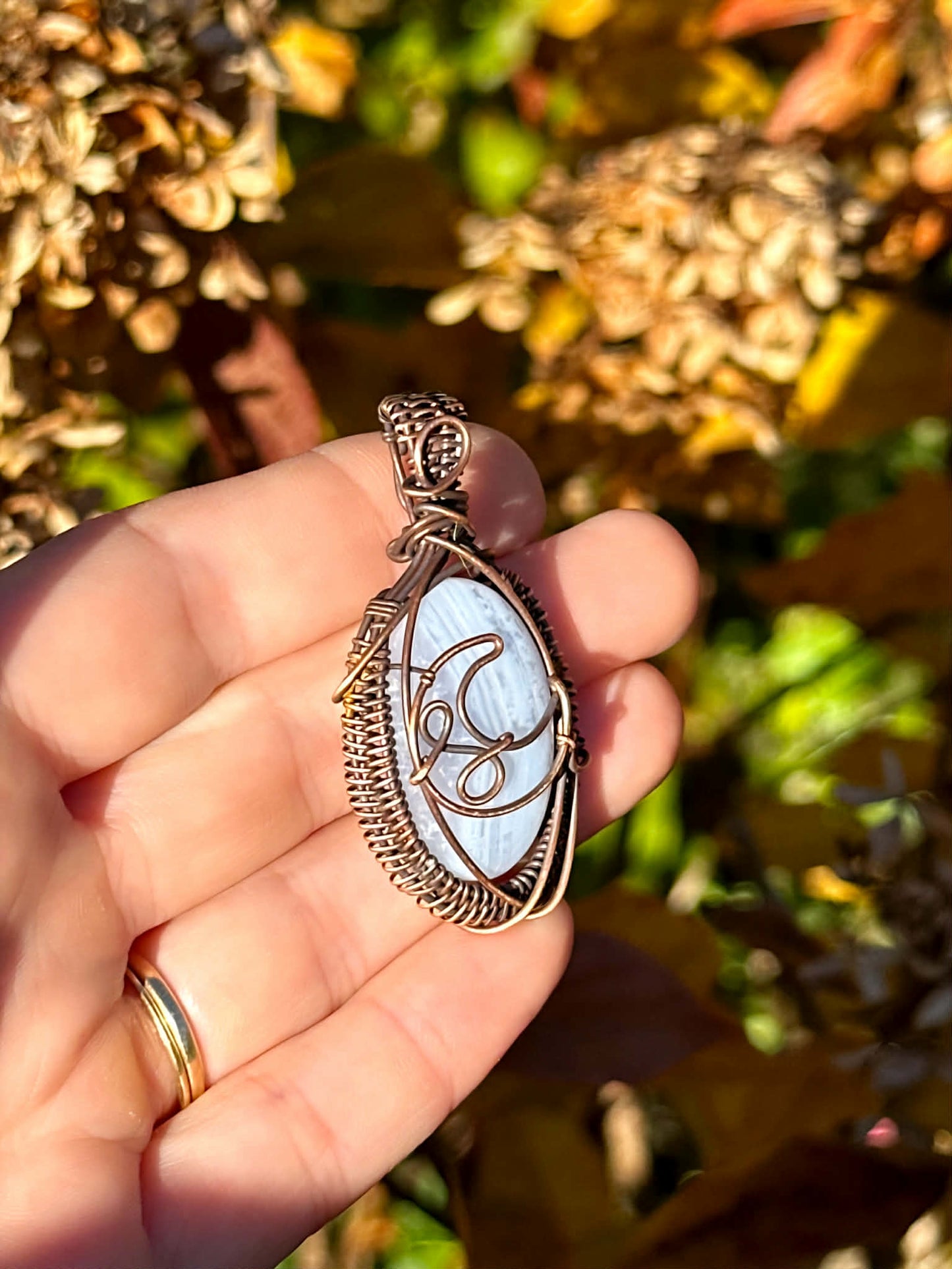 Crescent Moon Blue Lace Agate Crystal Copper Pendant