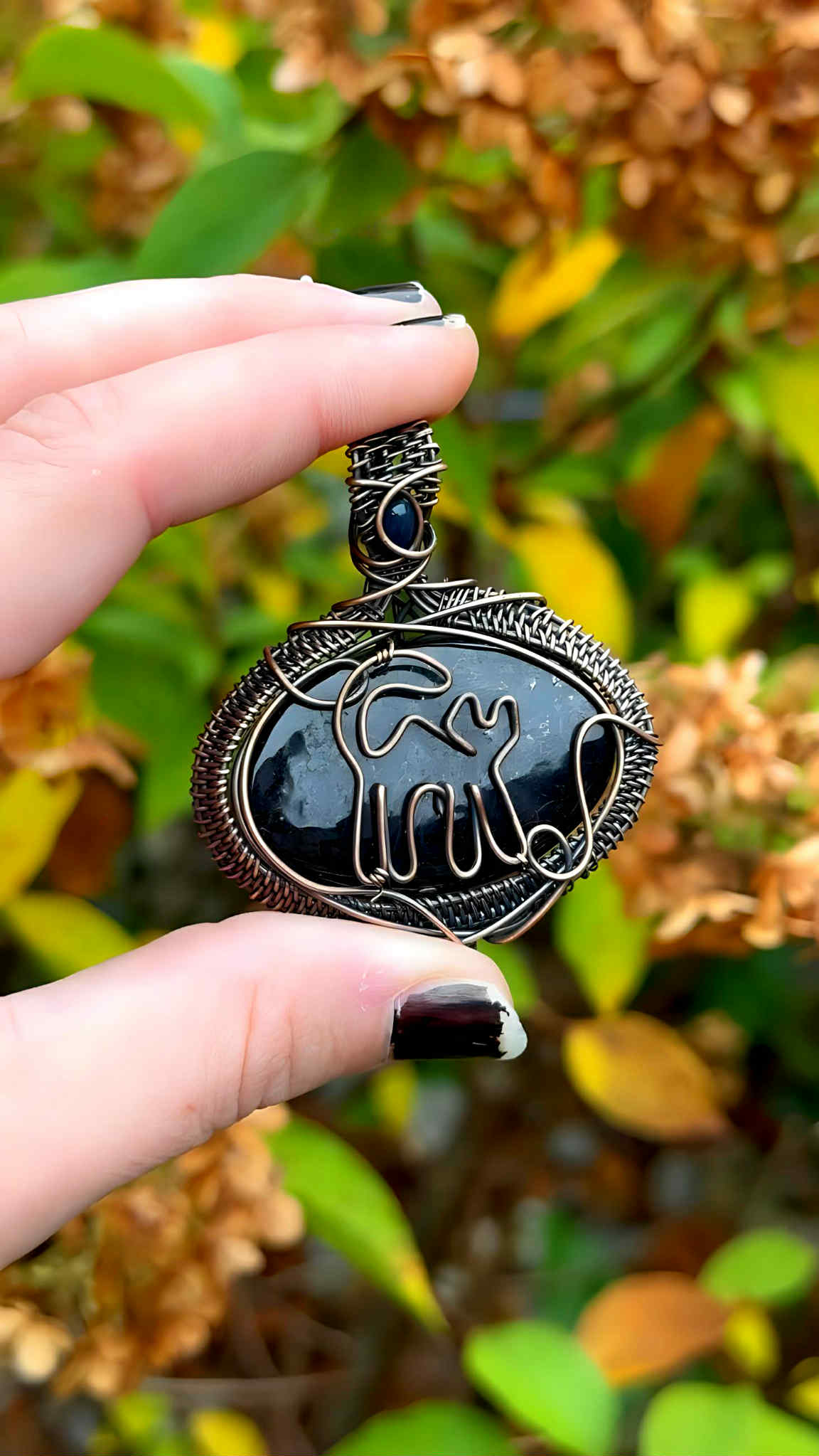 Black Cat Black Onyx & Black Mexican Opal Accent Crystal Copper Pendant