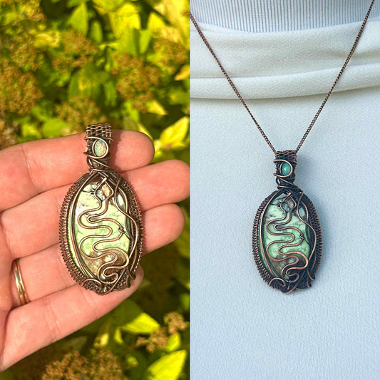 Serpent Chrysoprase & Opal Crystal Copper Pendant