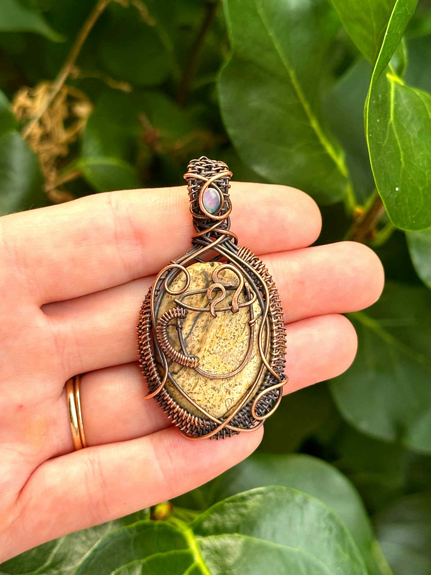 Coffee Jasper & Opal Crystal Copper Pendant