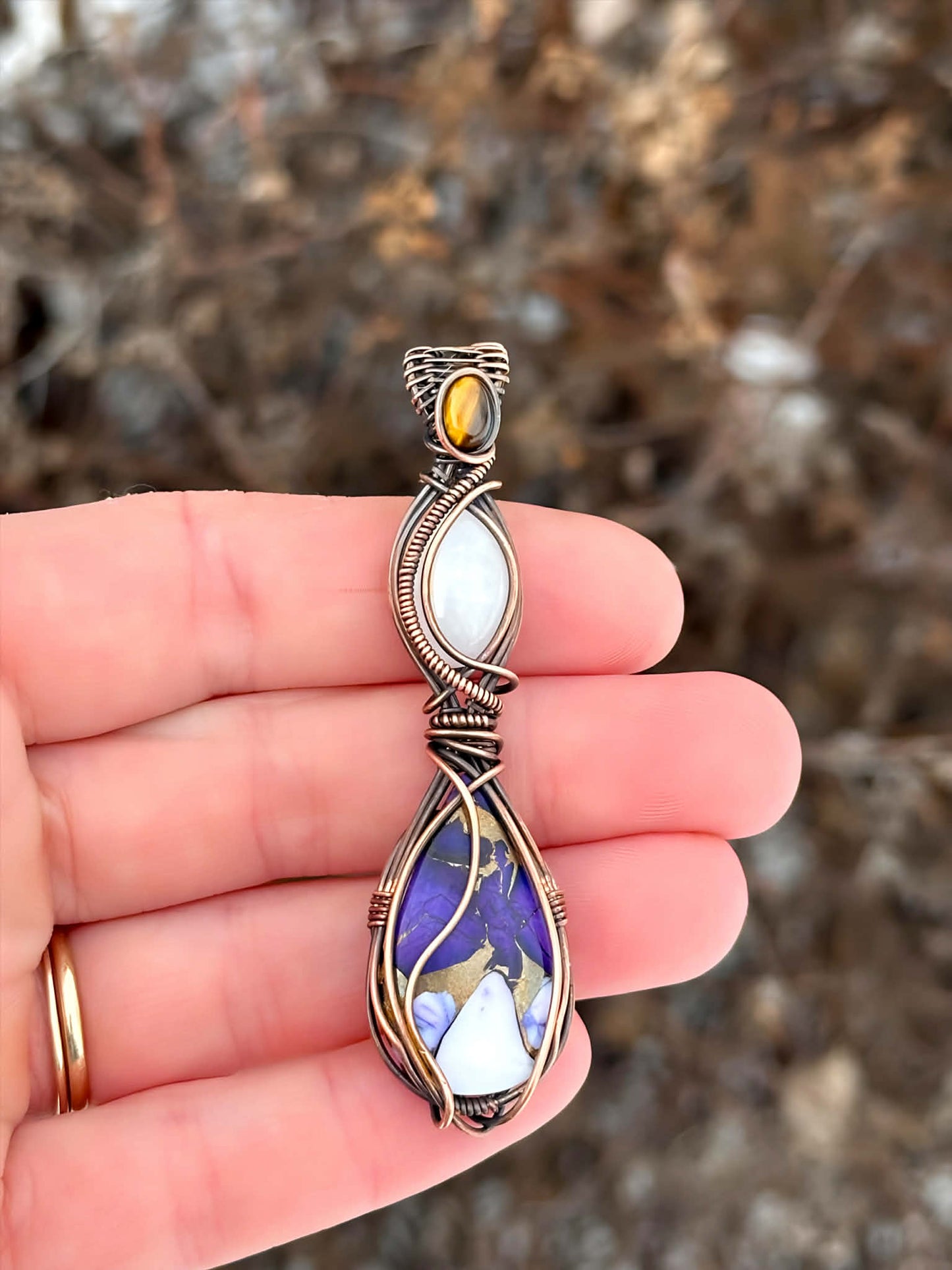 Triple Purple Copper, White Jade & Tiger’s Eye Accent Crystal Copper Pendant