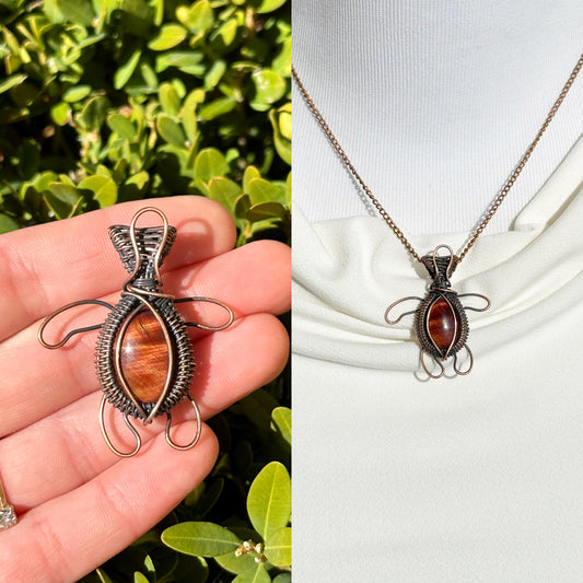 Turtle Red Tigers Eye Crystal Copper Pendant